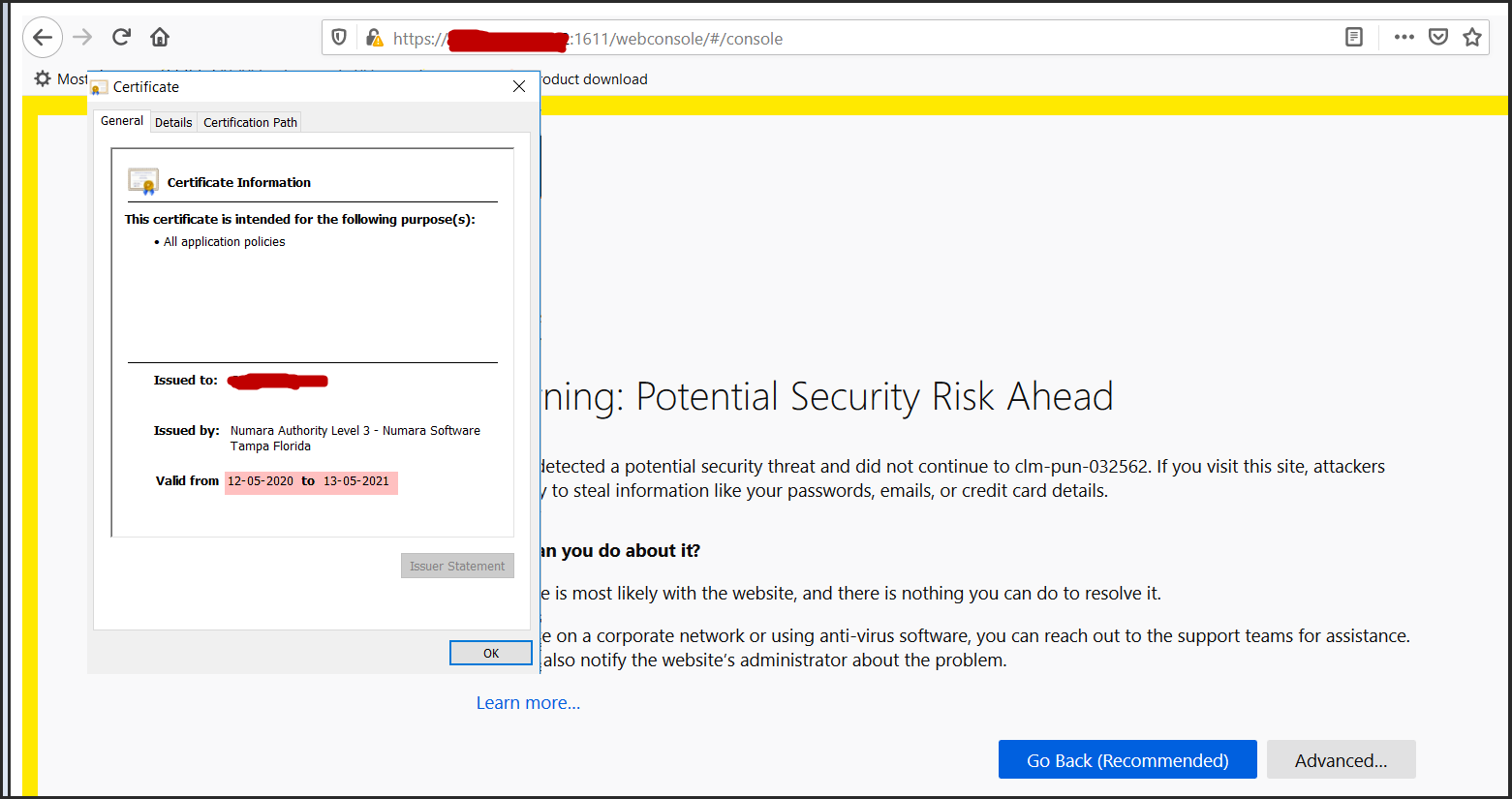 Client Management Validity Of The SSL Certificate While Loading The Console Or The Rollout Page 